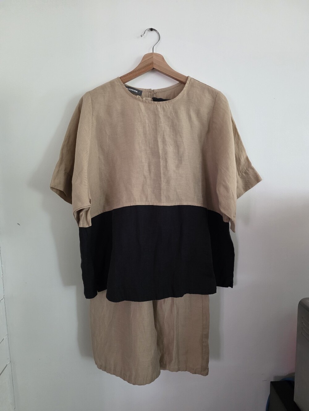Two Piece Linen, Black Tan Designer Set, Made In Israel.